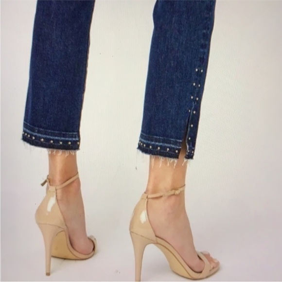 Driftwood Amelia Studded Straight Leg Jeans Dark Wash Raw Hem Side Slit Size 30 - Picture 3 of 14